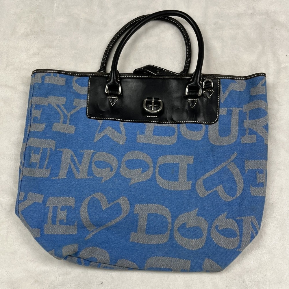 Dooney & Bourke Tote Bag Womens Large Blue Logo Heart Star Canvas Leather Trim
